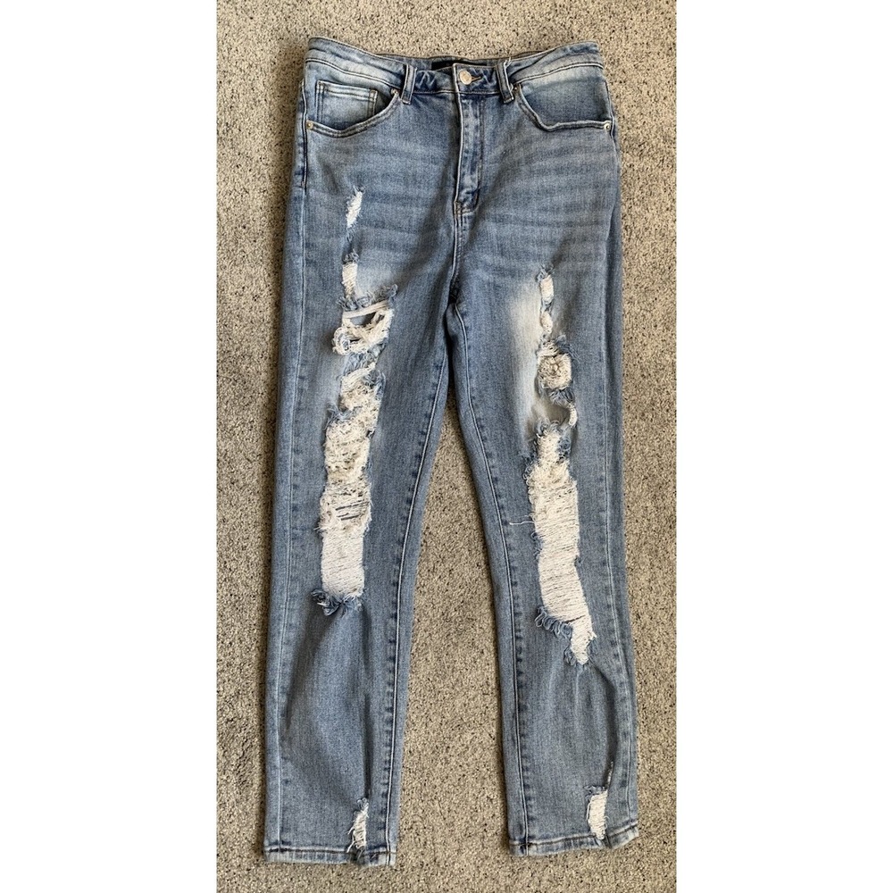 RISEN Women's Blue Denim Jeans Distressed Relaxed Fit Roll Up Skinny Jeans 30/11